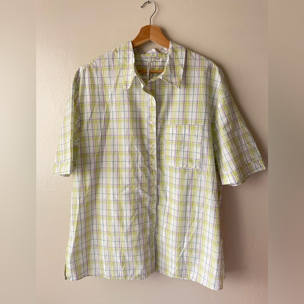 Anthropologie women white green plaid short sleeve button front pajamas top